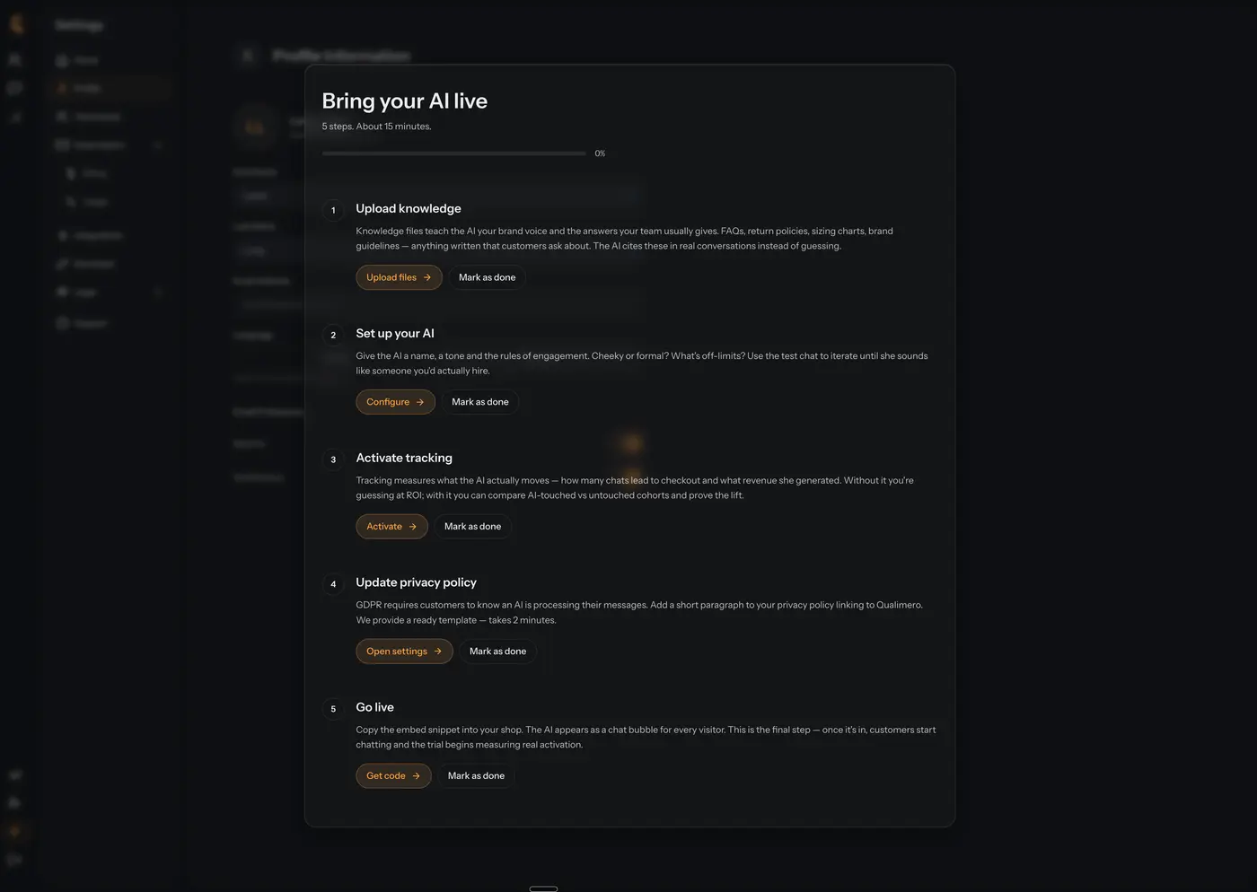 Qualimero onboarding checklist: bring your AI live in 5 steps