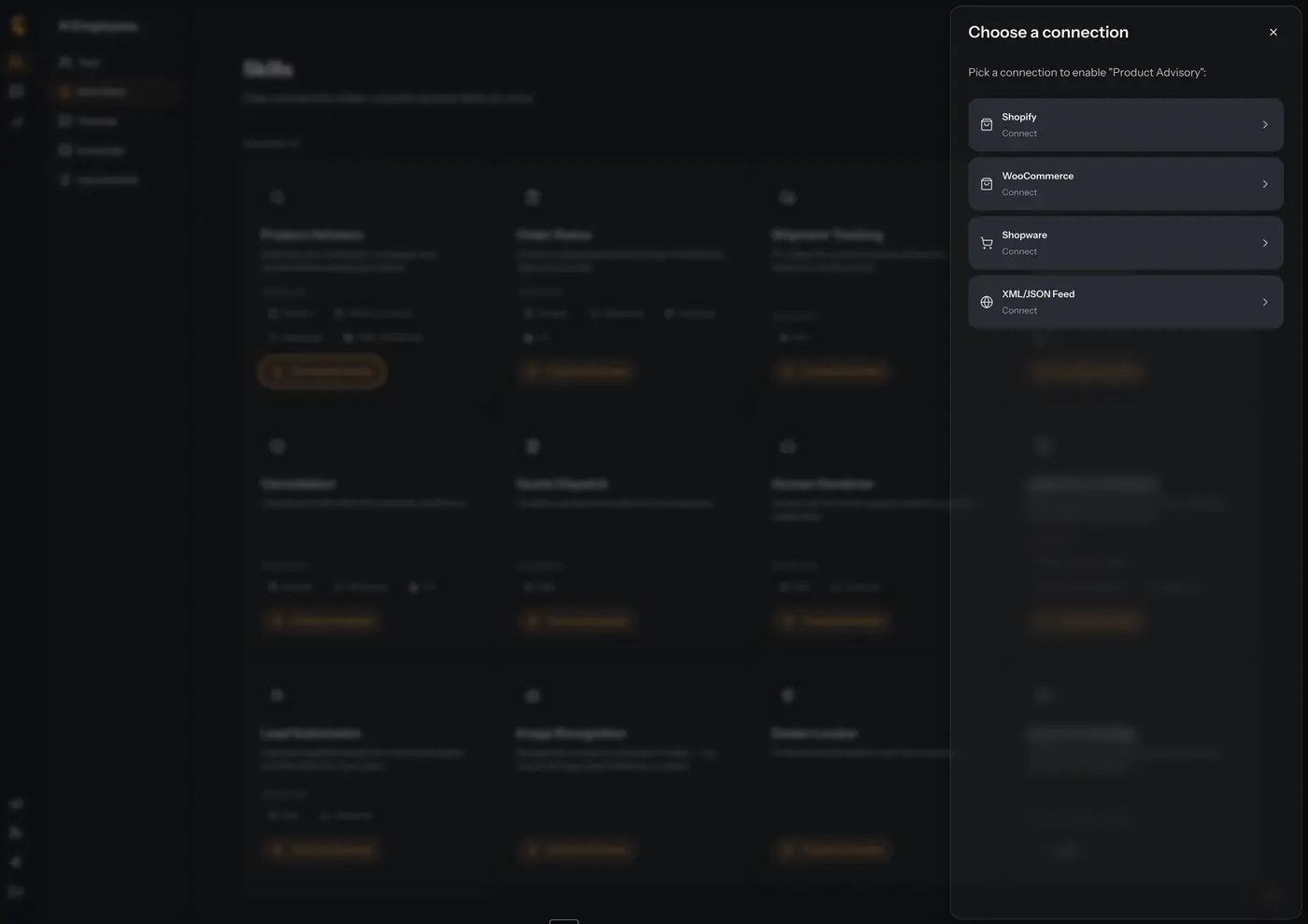 Choose a connection: Shopify, WooCommerce, Shopware or XML/JSON feed