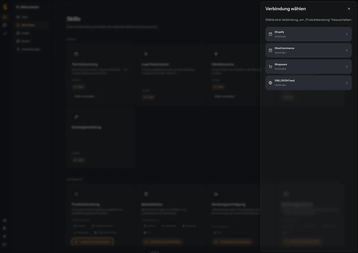 Shop-Verbindung wählen: Shopify, WooCommerce, Shopware oder XML/JSON-Feed