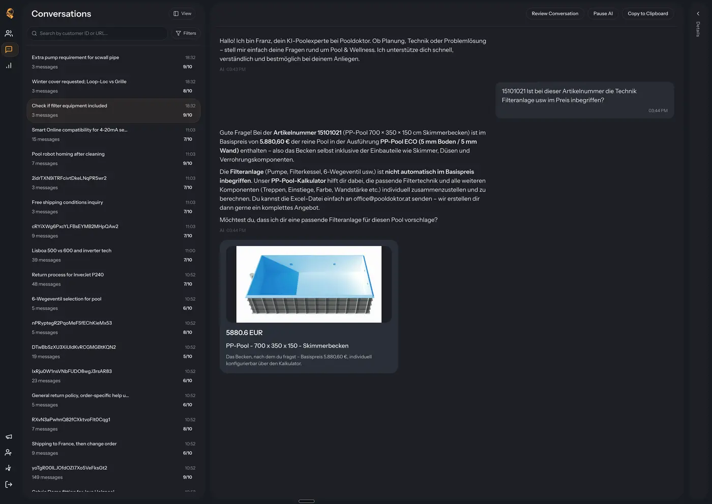 Conversations view with rated customer chats