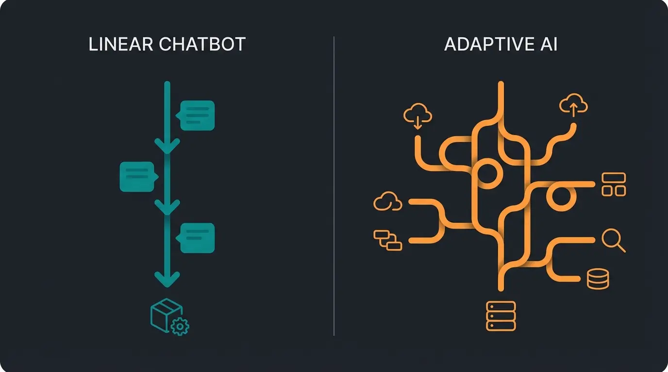 Comparison of linear chatbot flow versus adaptive AI consultation dialogue