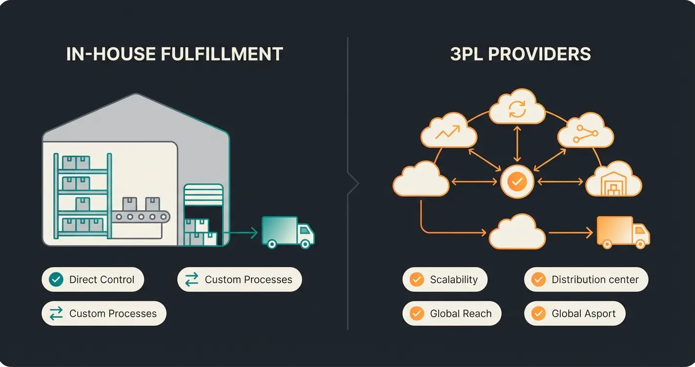 Comparison of fulfillment provider options showing in-house vs outsourced 3PL solutions