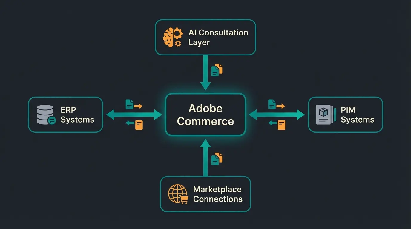 Magento B2B Tech Stack Architektur mit ERP, PIM und KI-Layer