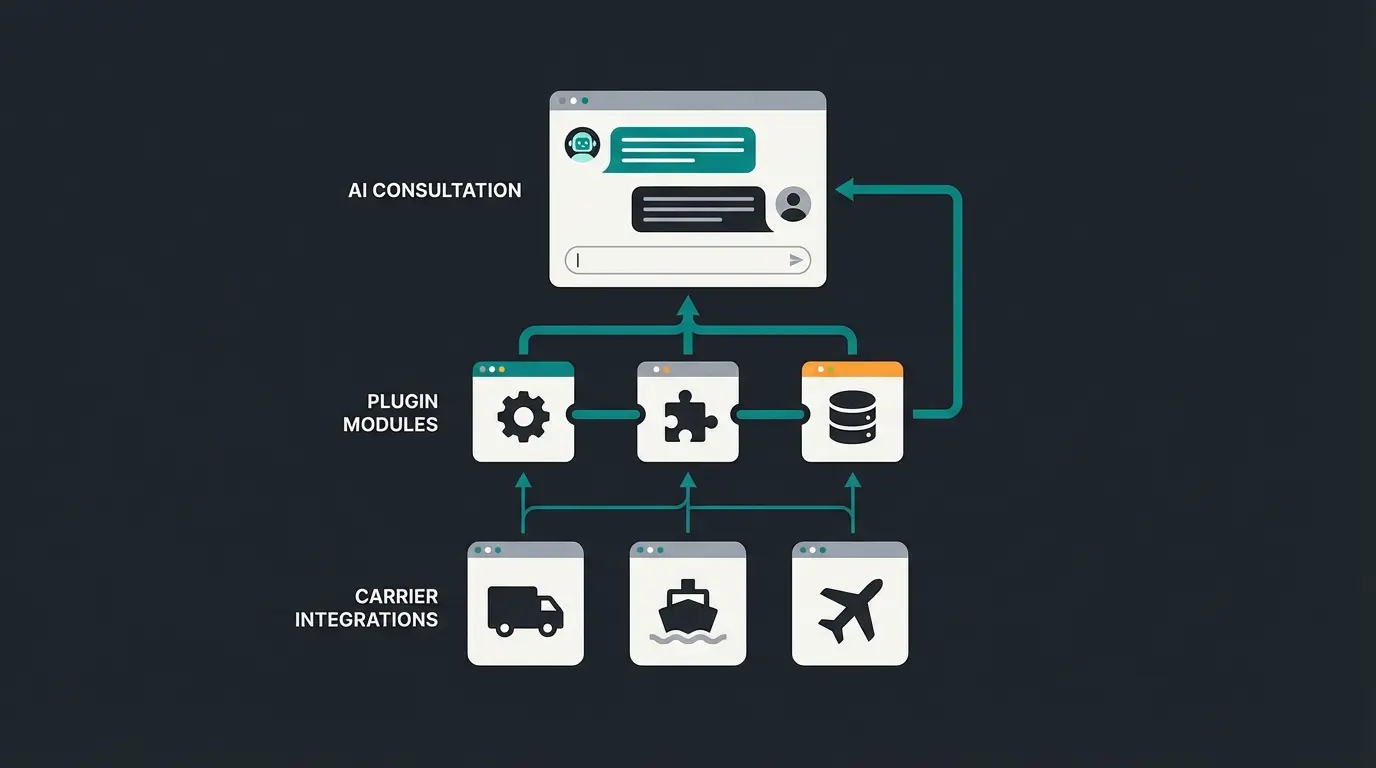 Three-layer shipping stack diagram showing carriers, logistics plugins, and AI consultation