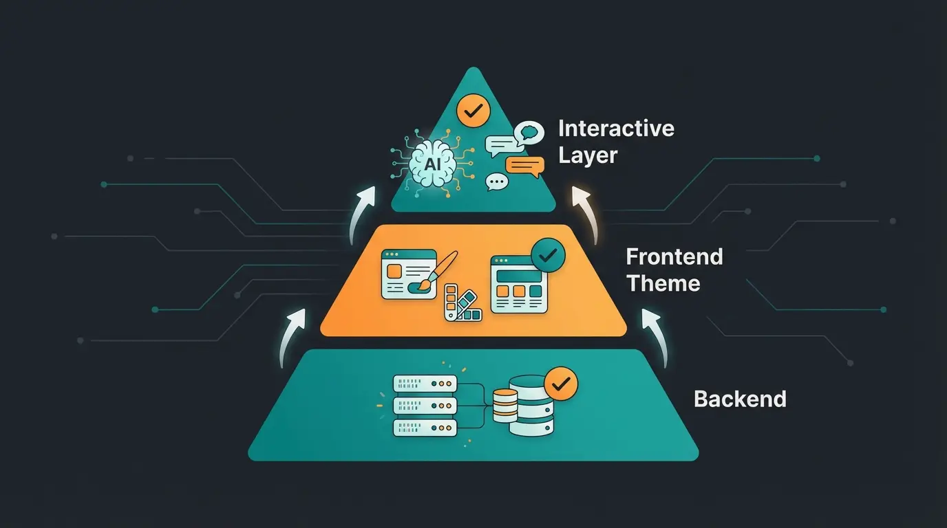 Post-Update Health Check Pyramide mit drei Ebenen: Backend, Frontend Theme und Interaktive Layer mit KI-Tools