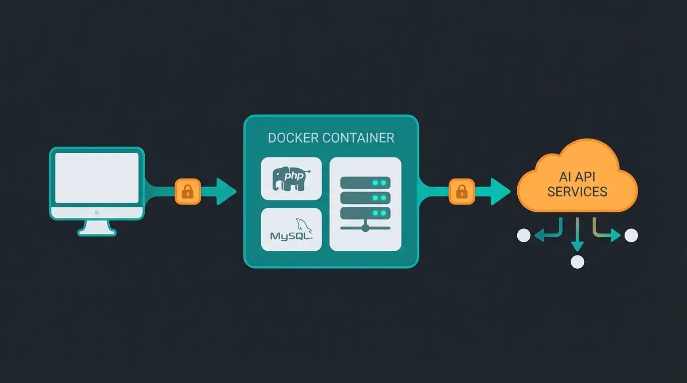 Docker architecture diagram showing Shopware container connected to external AI services