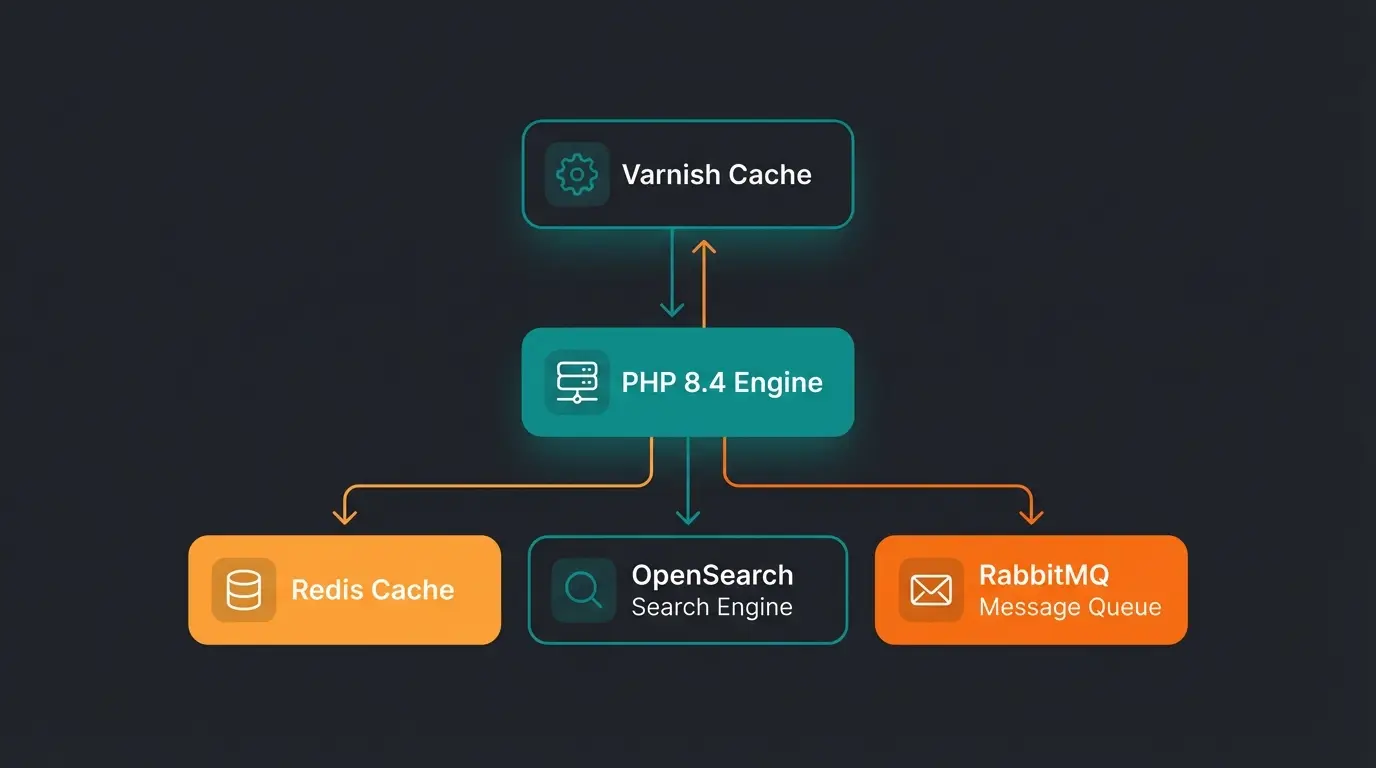 Magento 2 Server Stack Architektur mit PHP, Redis, OpenSearch und Varnish
