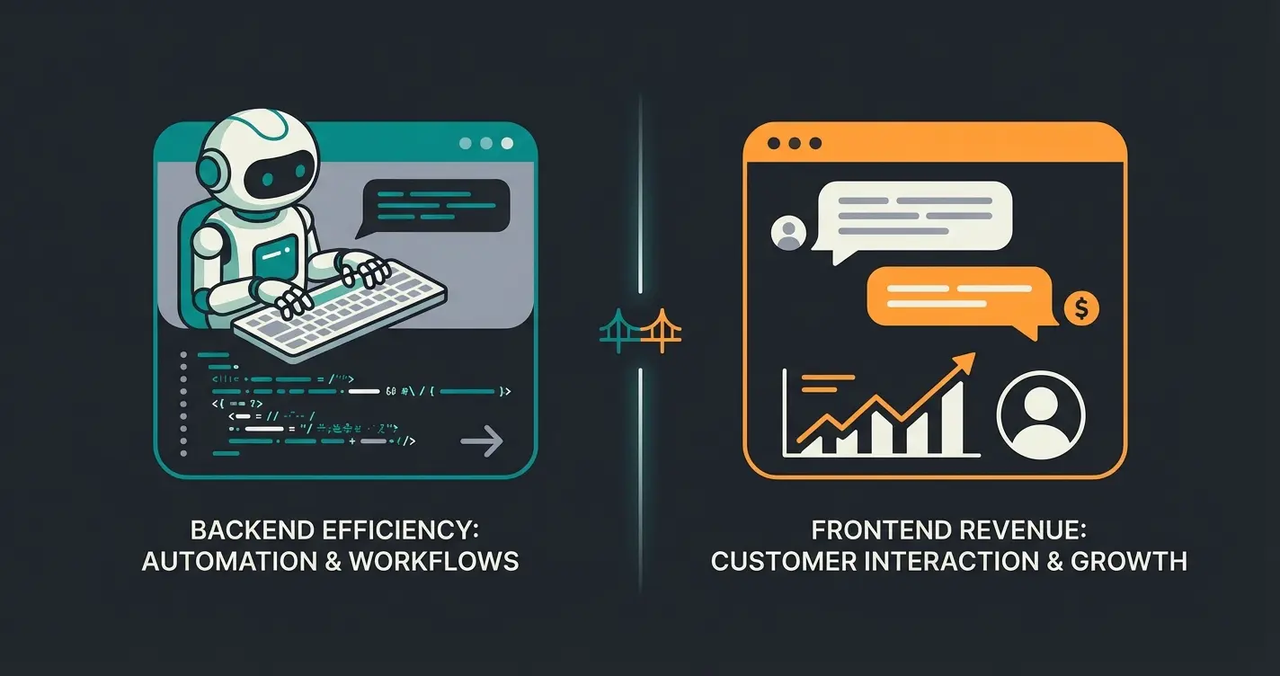 Split comparison showing backend AI writing product descriptions versus frontend AI chatbot consulting with customers