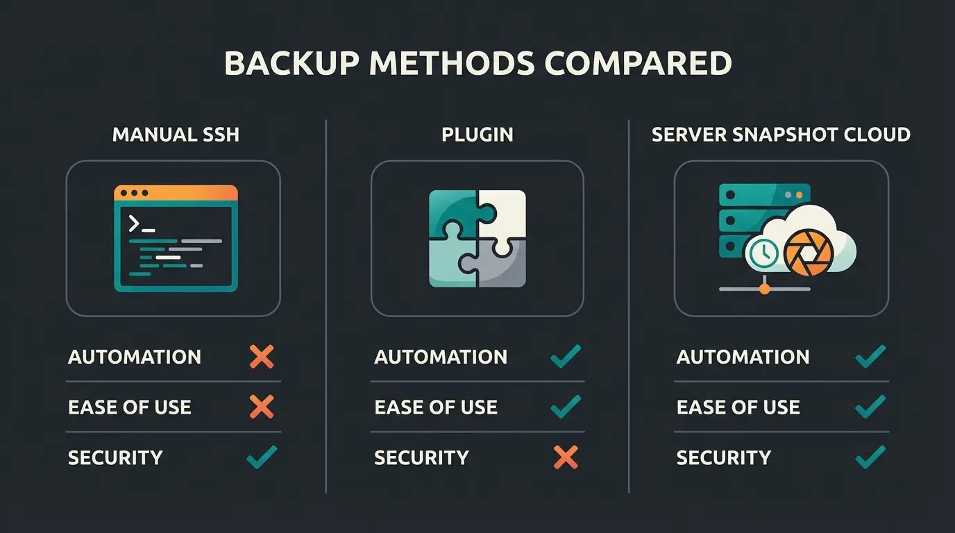Comparison of Shopware backup methods including manual SSH, plugins, and hosting snapshots