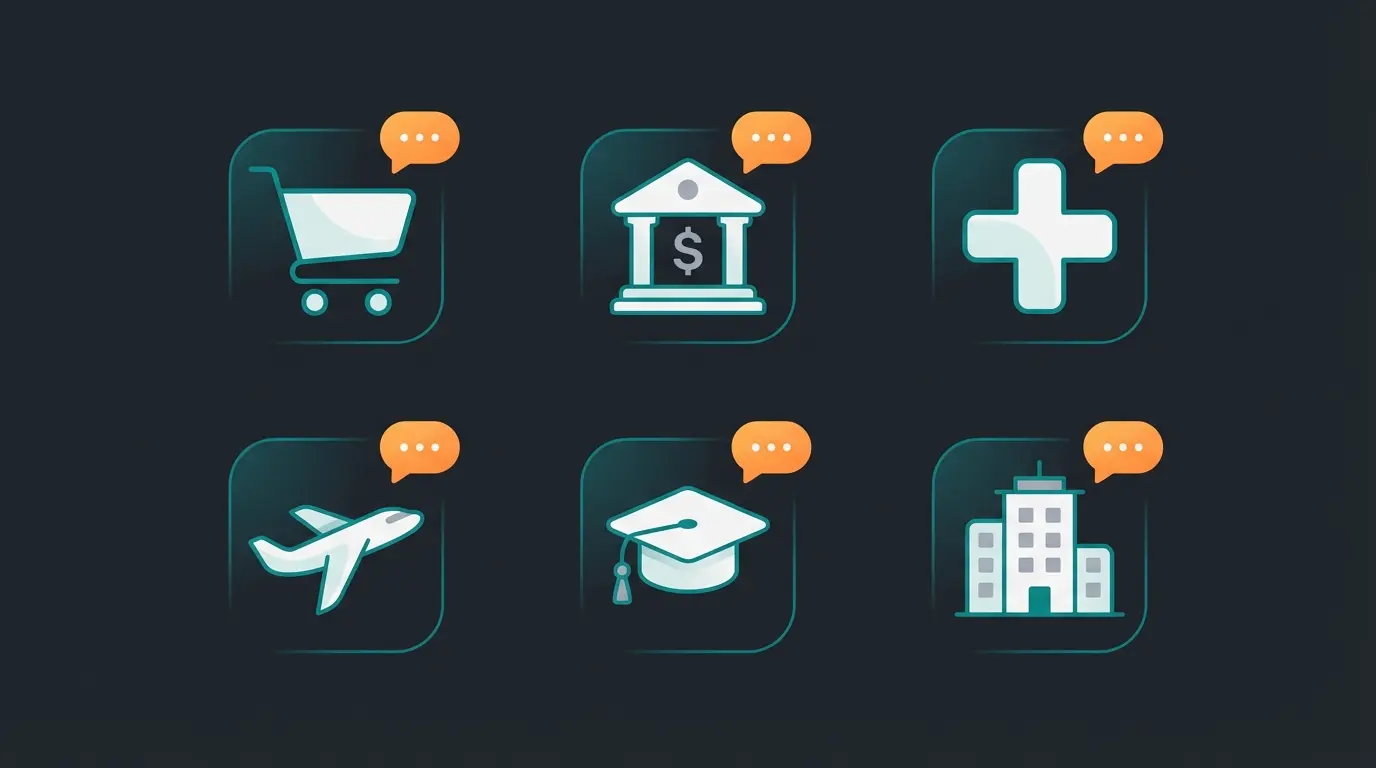 Grid of industry icons showing different chatbot applications across sectors