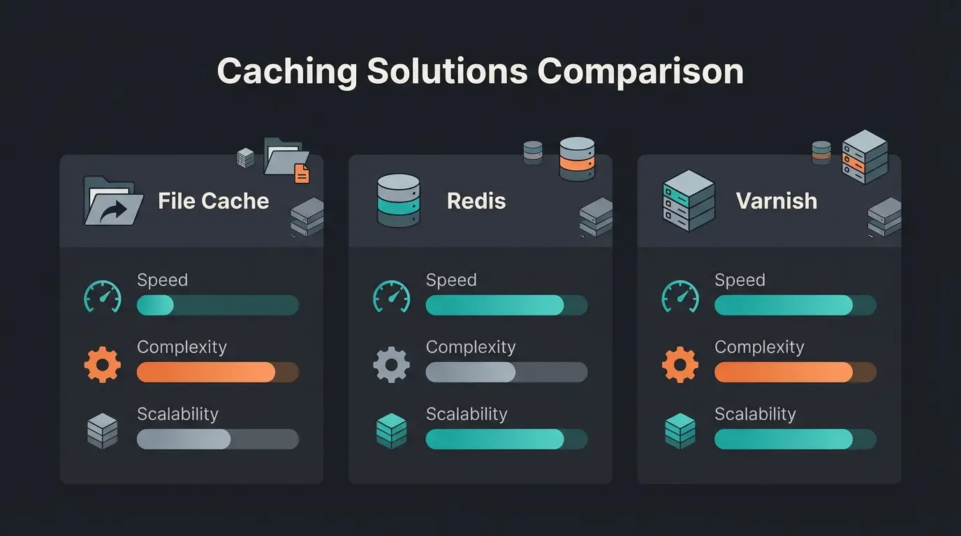 Vergleichsdiagramm File Cache Redis und Varnish Performance