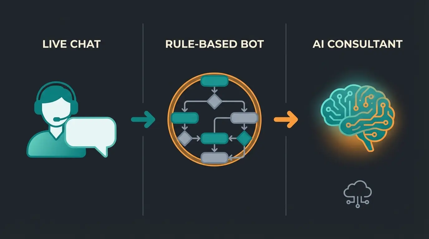 Visual comparison of three chat types: live chat, rule-based chatbot, and AI consultant