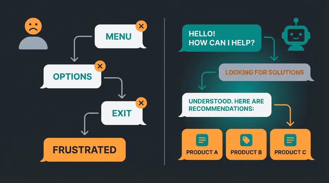 Comparison of static chatbot vs intelligent AI consultant conversation flow