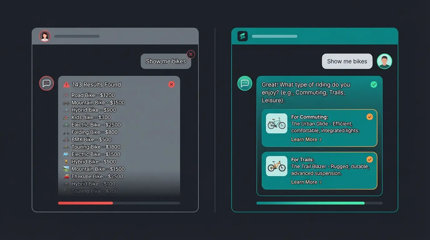 Side-by-side comparison of poor search bot response versus intelligent AI product consultation