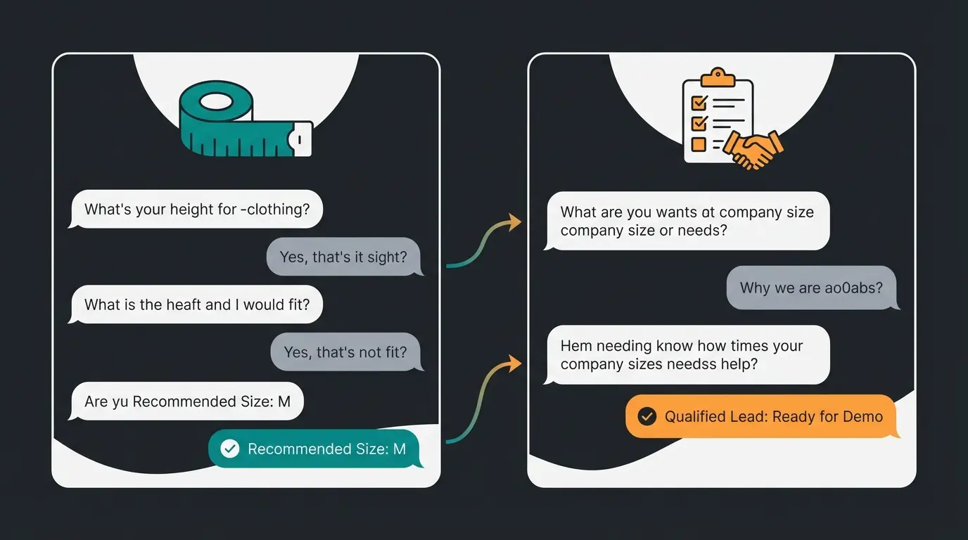 Split screen showing e-commerce sizing consultation and B2B lead qualification through WhatsApp AI