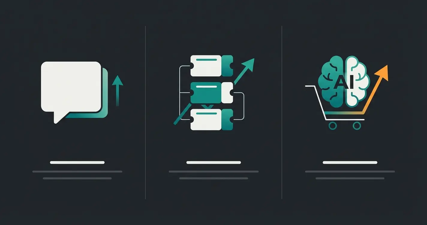 Three types of Shopify chat solutions comparison showing basic widget, support helpdesk, and AI sales consultant