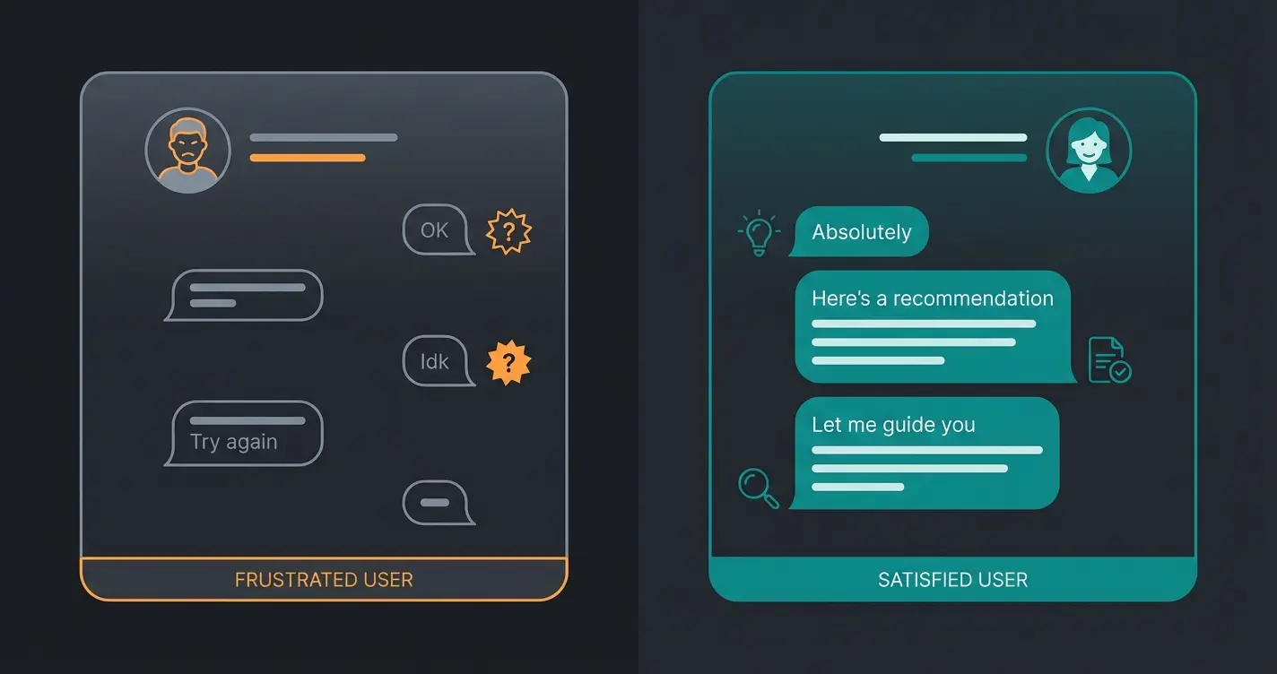 Side-by-side dialogue comparison between traditional chatbot and AI consultant showing different response quality