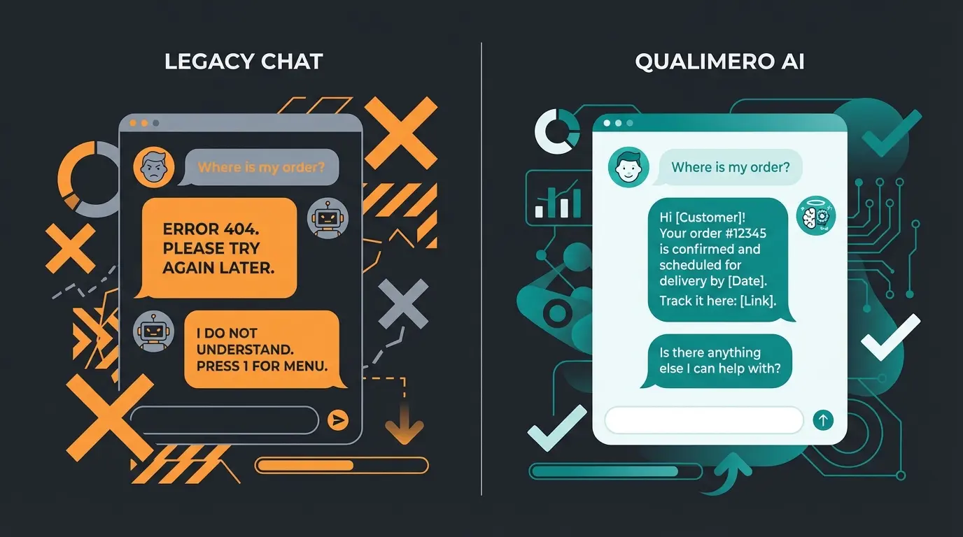 Comparison showing rule-based bot failure versus AI bot success in customer conversation