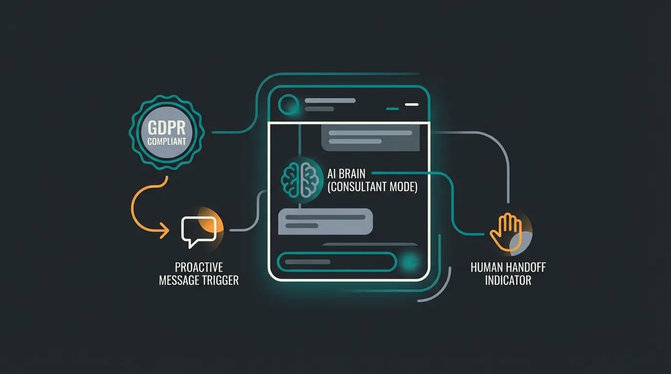 High-converting chat widget anatomy showing trust signals, proactive triggers, and AI consultant mode