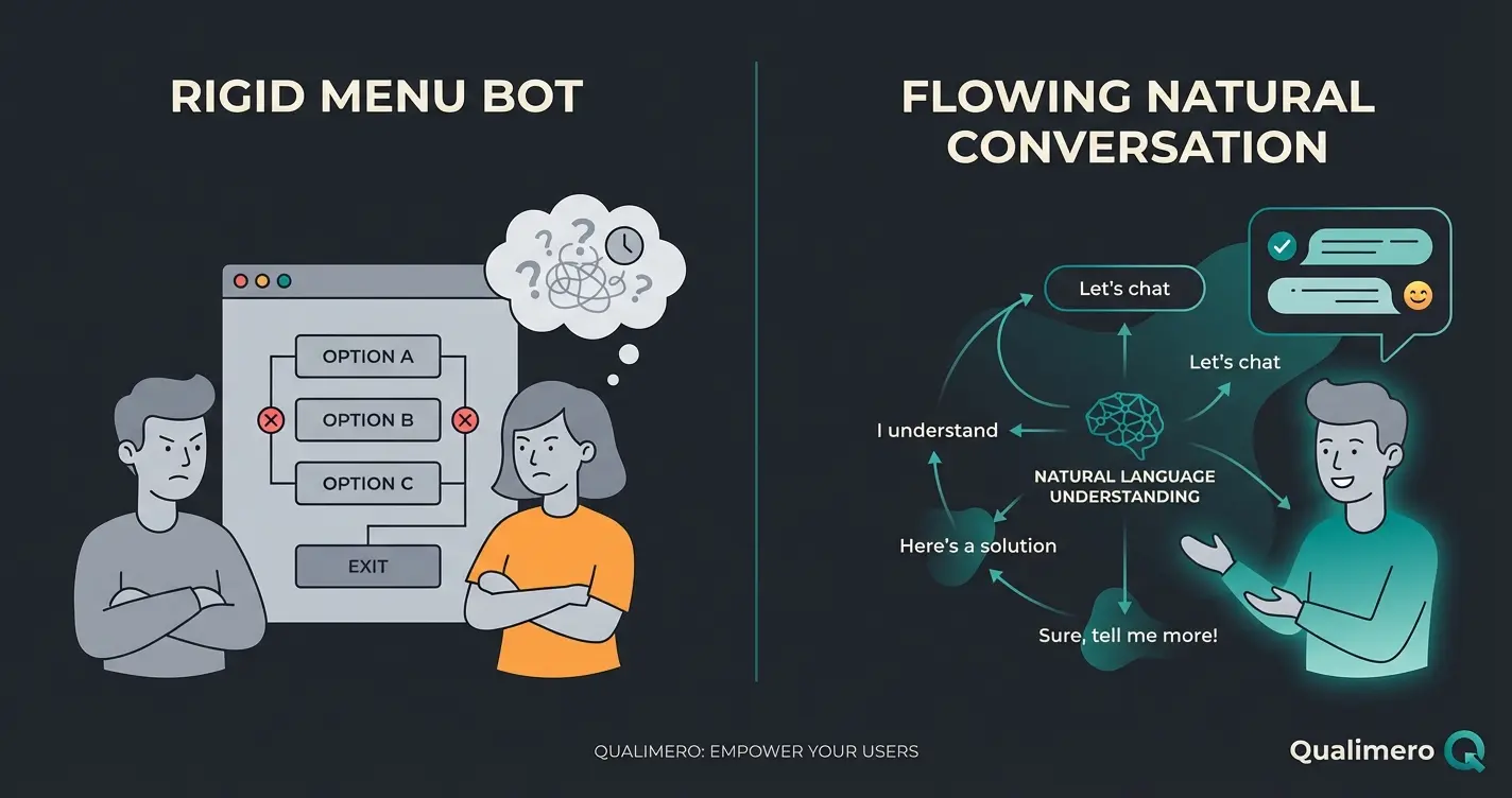 Comparison of old decision tree bot vs modern AI consultant bot interaction