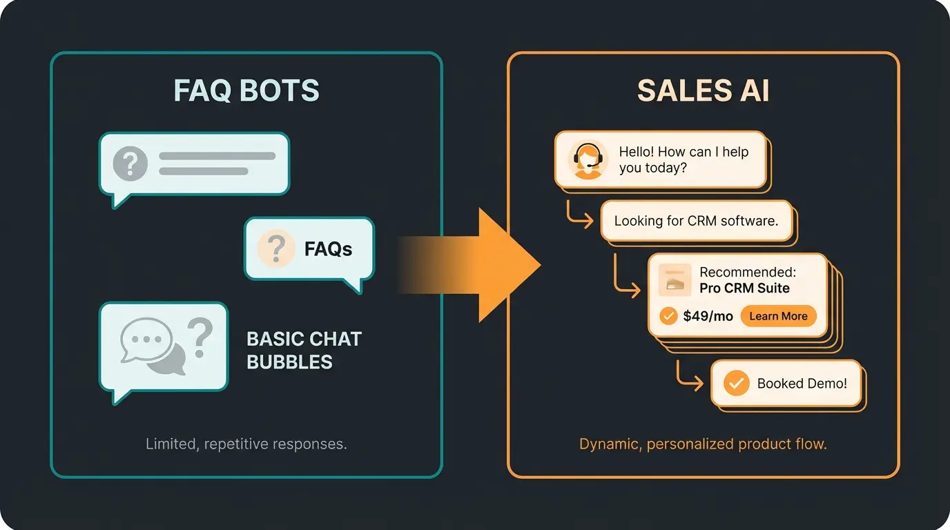 Visual comparison of traditional support bots versus AI-powered sales consultation systems