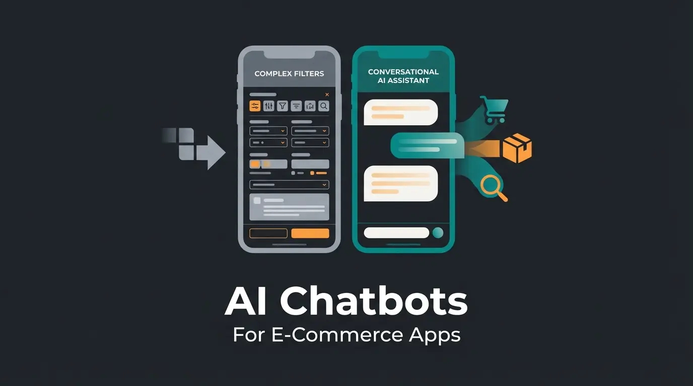 Chatbot app interface showing AI product consultation on mobile device with conversation bubbles