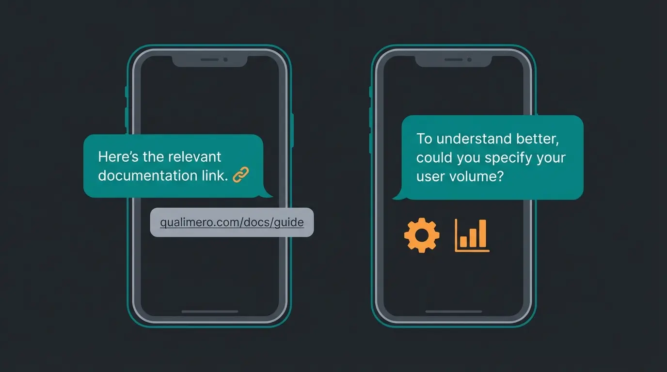 Side-by-side comparison of deflection-focused chatbot response versus consultative AI response with follow-up questions