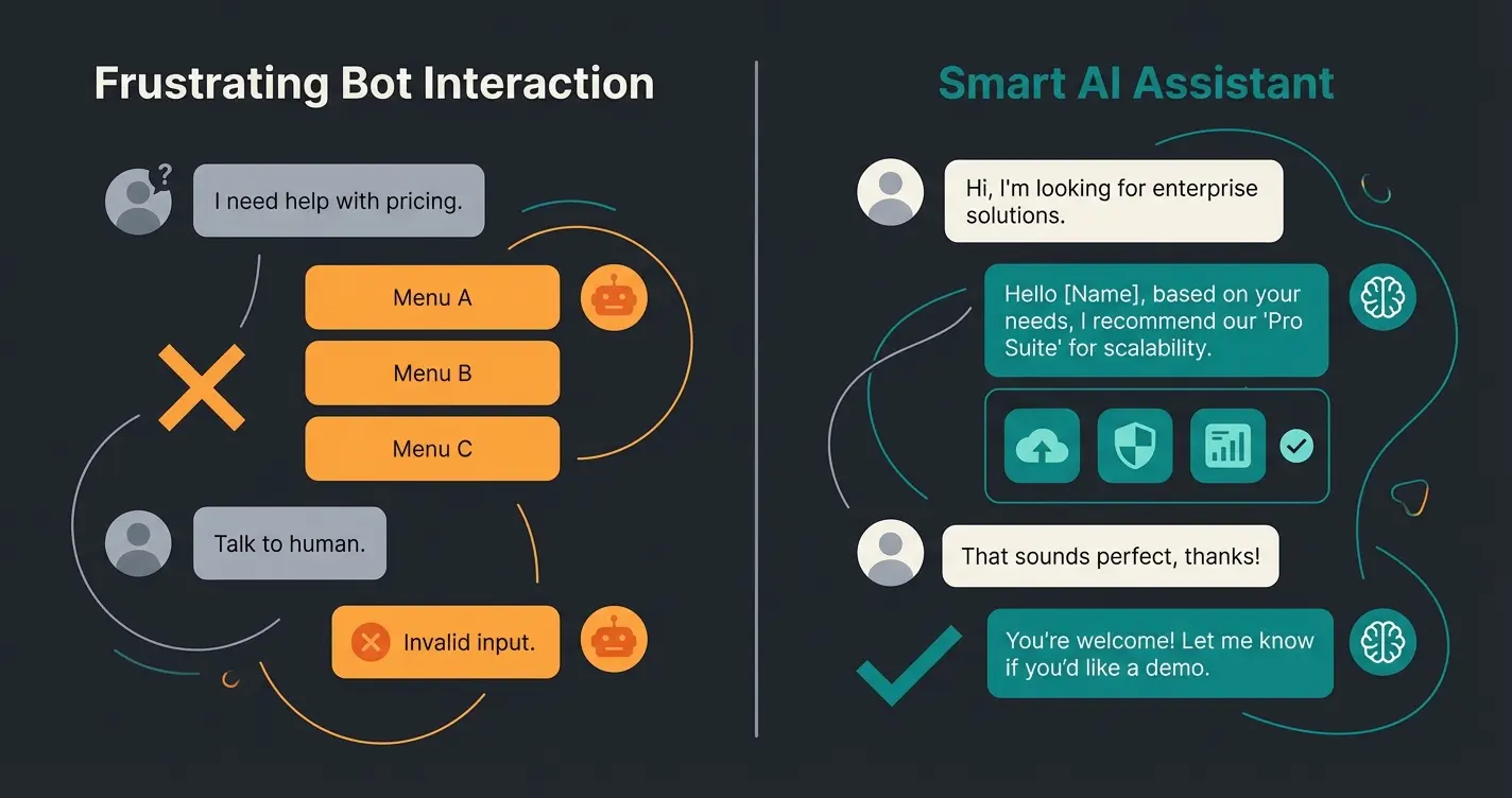 Vergleich zwischen statischem Bot und intelligentem KI-Berater im WhatsApp Chat