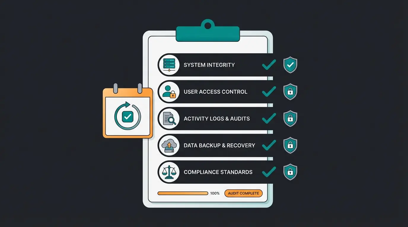 Monthly security audit checklist with checkboxes and security categories