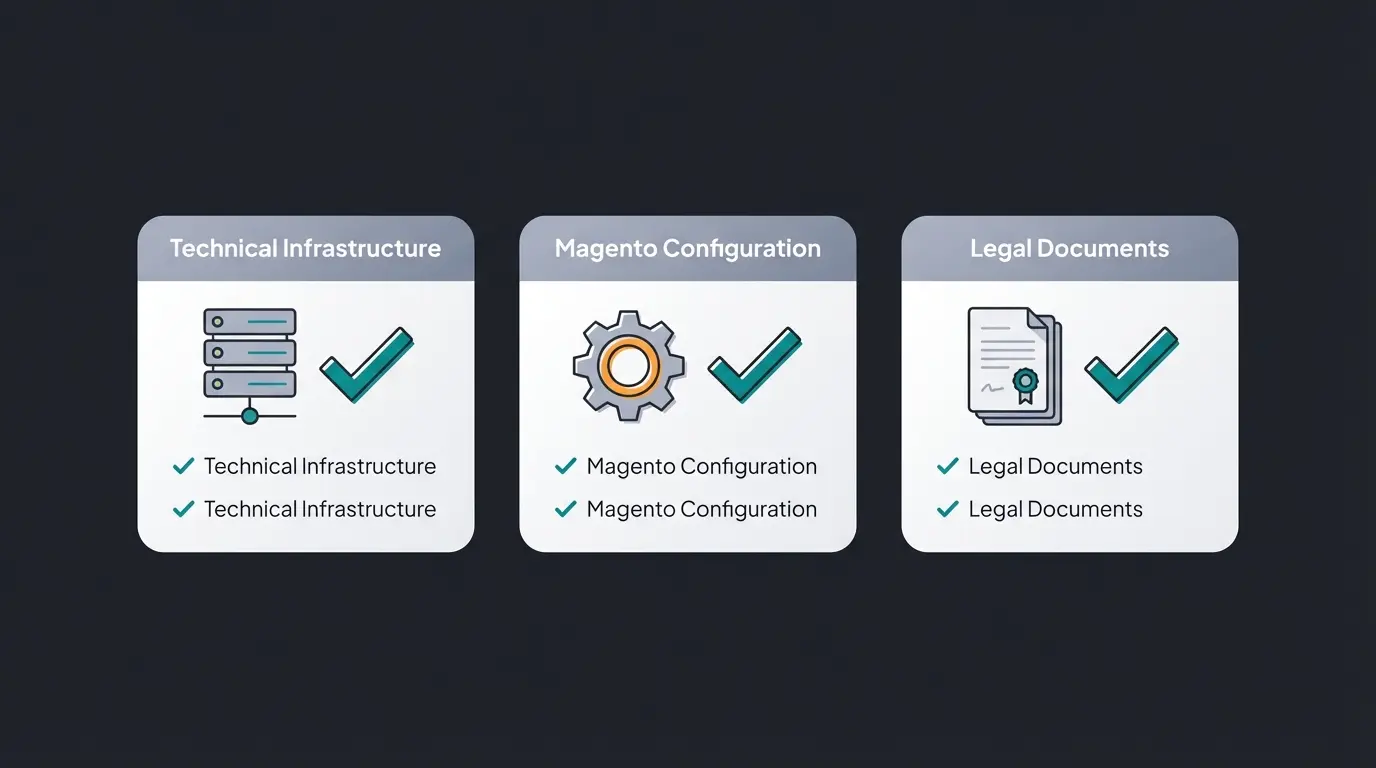Magento GDPR compliance checklist visualization with three main categories