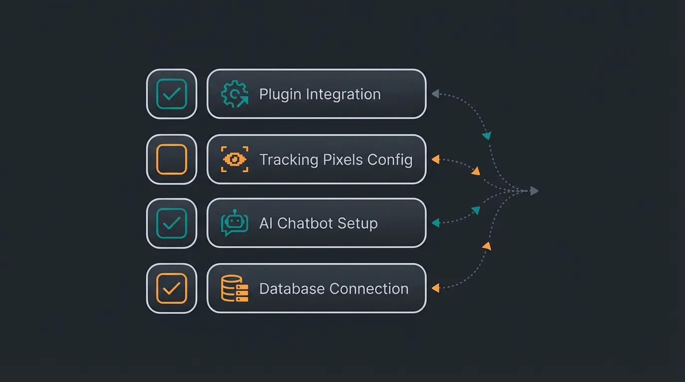 Pre-update integration checklist visualization showing various components to verify