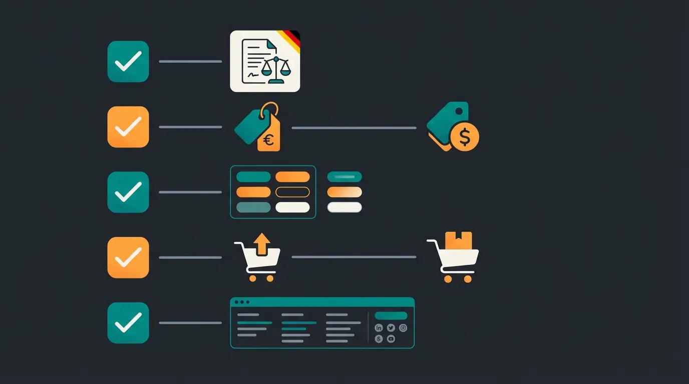 German e-commerce legal checklist visualization showing required elements for compliant online shops