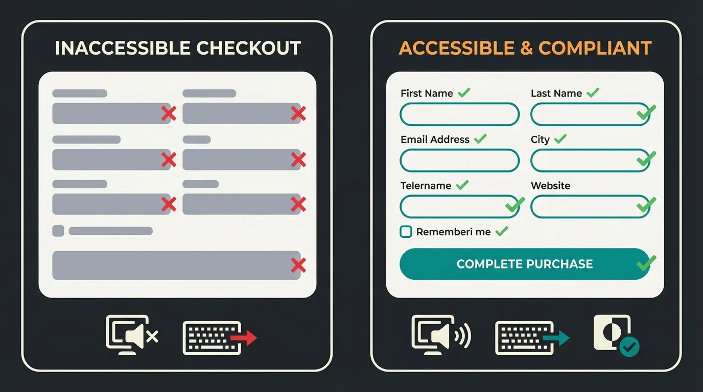 Split screen comparison showing non-compliant checkout versus EAA-compliant Shopware 6.7 checkout interface