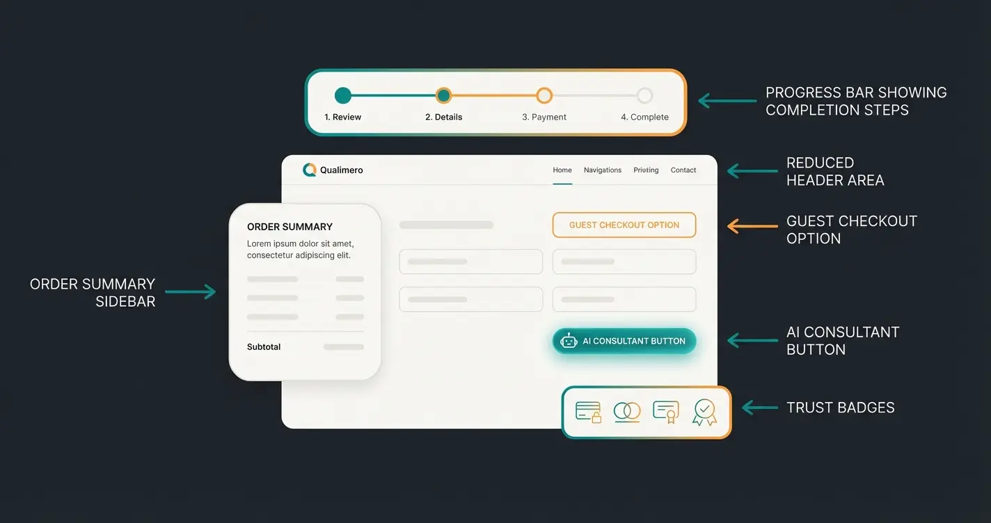 Infographic showing the anatomy of a perfect Shopware checkout with key optimization elements