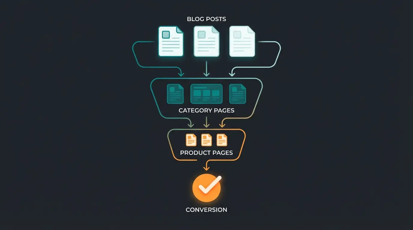Content marketing funnel showing blog articles leading to product pages and conversions
