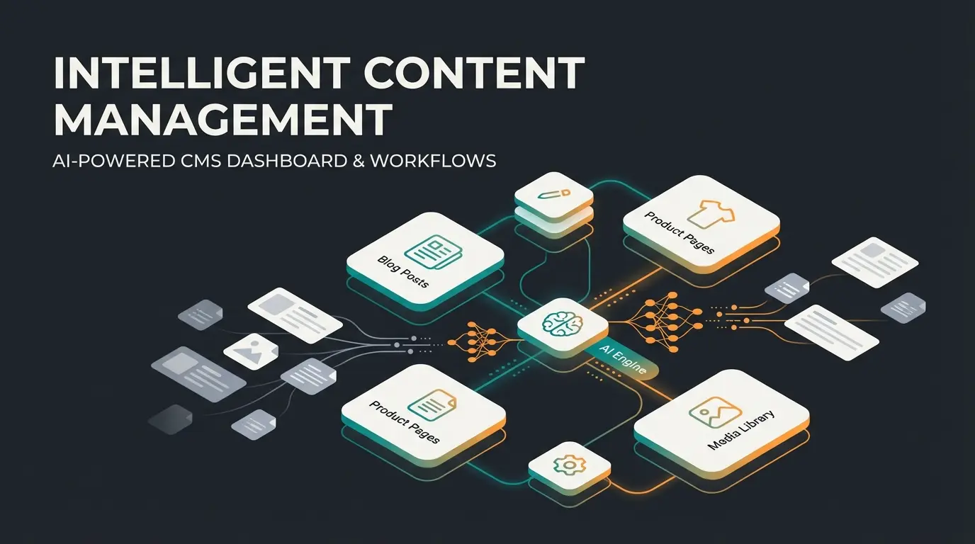 Magento CMS dashboard with AI integration elements showing content management workflow