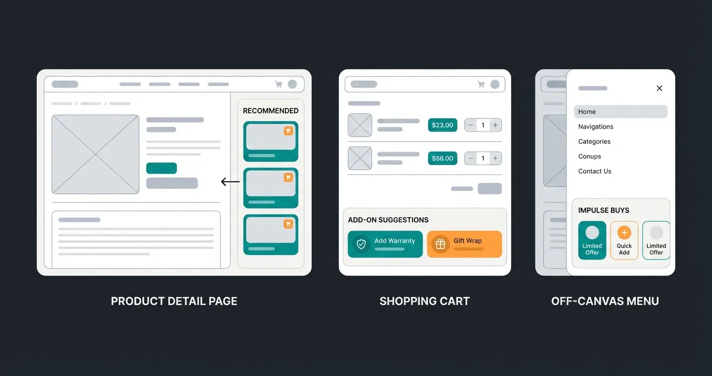 Vergleich Cross-Selling Platzierungen in Shopware: Produktdetailseite, Warenkorb und Off-Canvas