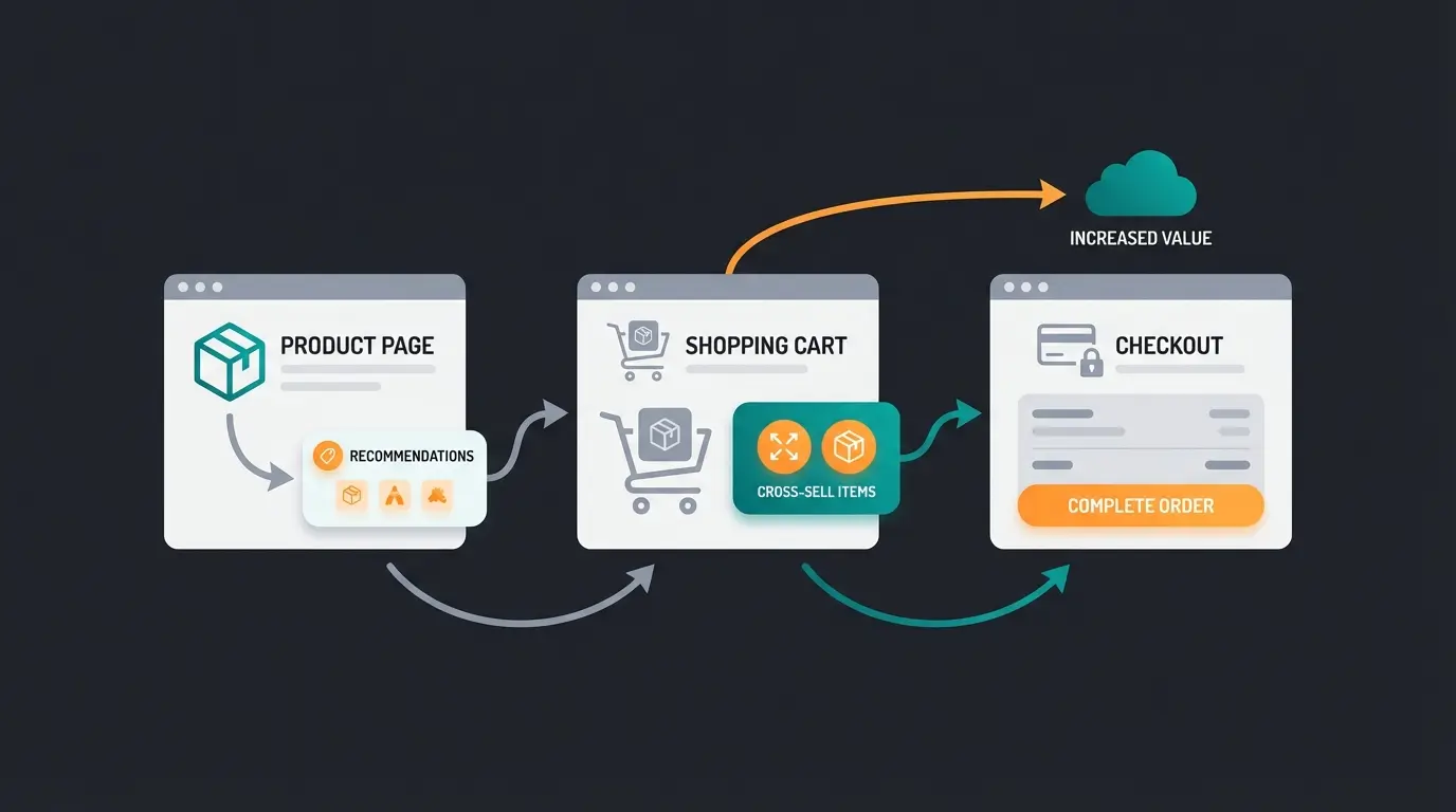 Diagram showing cross-selling placement options in Shopware including product detail page, off-canvas cart, and checkout
