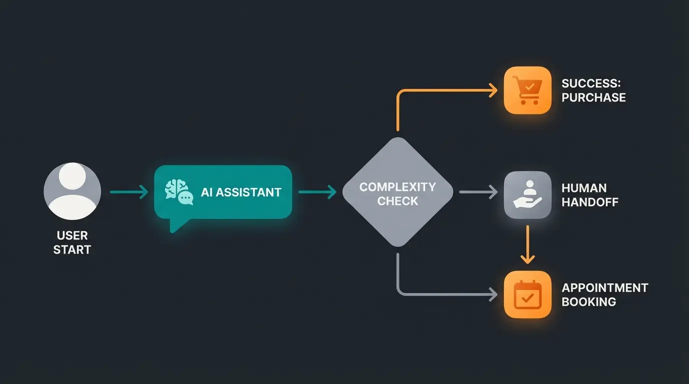 Flowchart zeigt den hybriden Ansatz: KI-Beratung mit Eskalation zu menschlichen Mitarbeitern