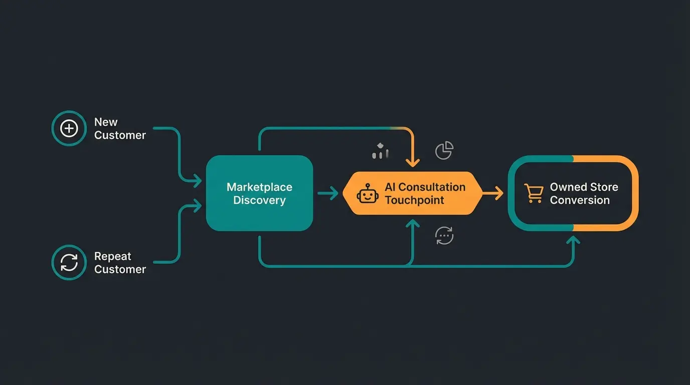 Customer journey flowchart showing Etsy to WooCommerce migration path
