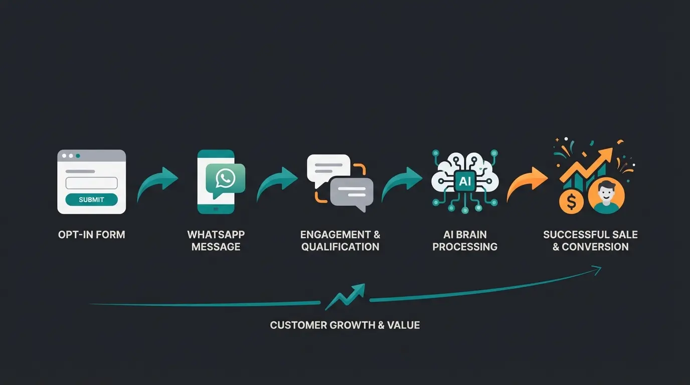 Successful WhatsApp newsletter strategy showing the complete customer journey from opt-in to AI-powered conversion