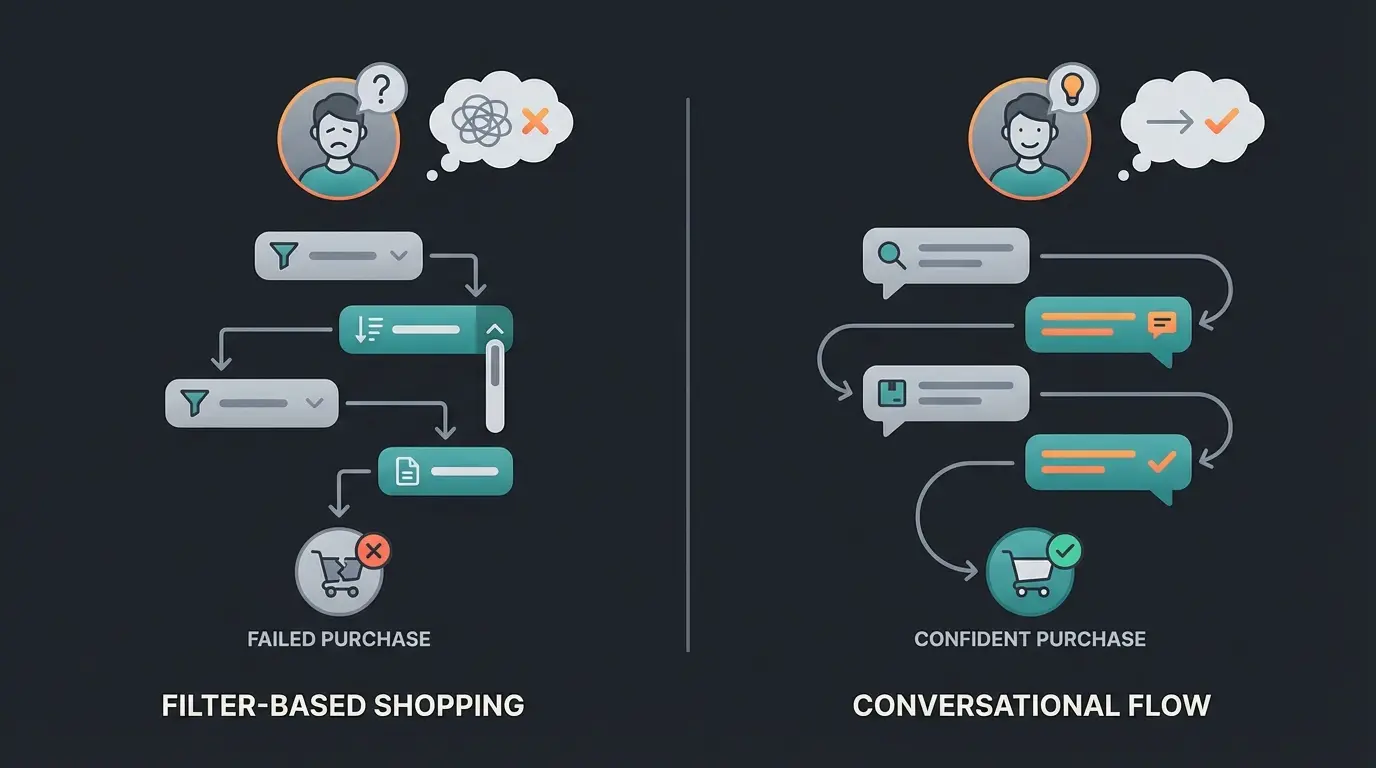 Infographic showing static product filtering versus conversational AI-guided shopping journey comparison
