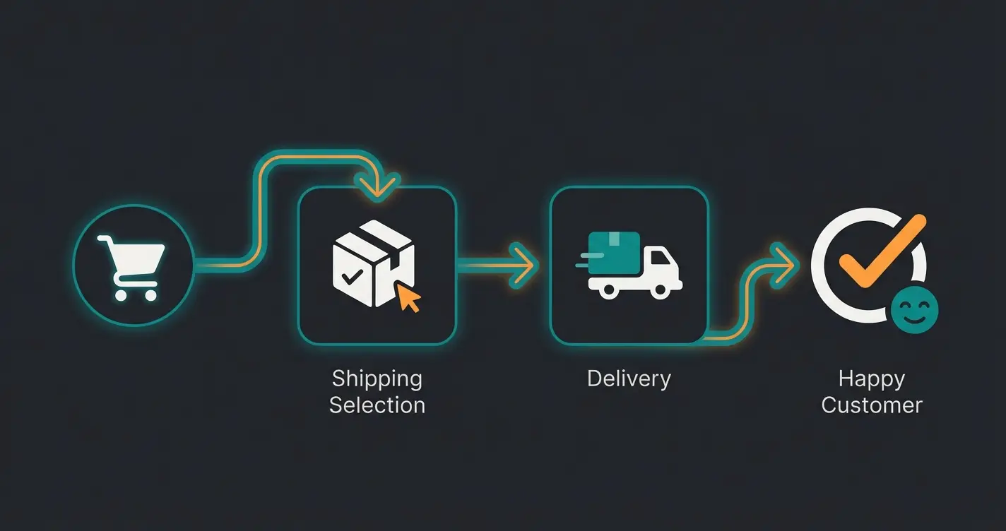 E-commerce shipping workflow showing customer journey from cart to delivery