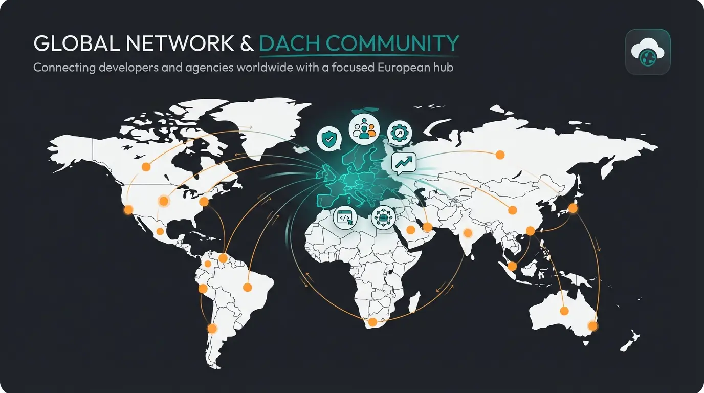 Global ecosystem comparison showing Shopware DACH focus versus Magento worldwide developer network