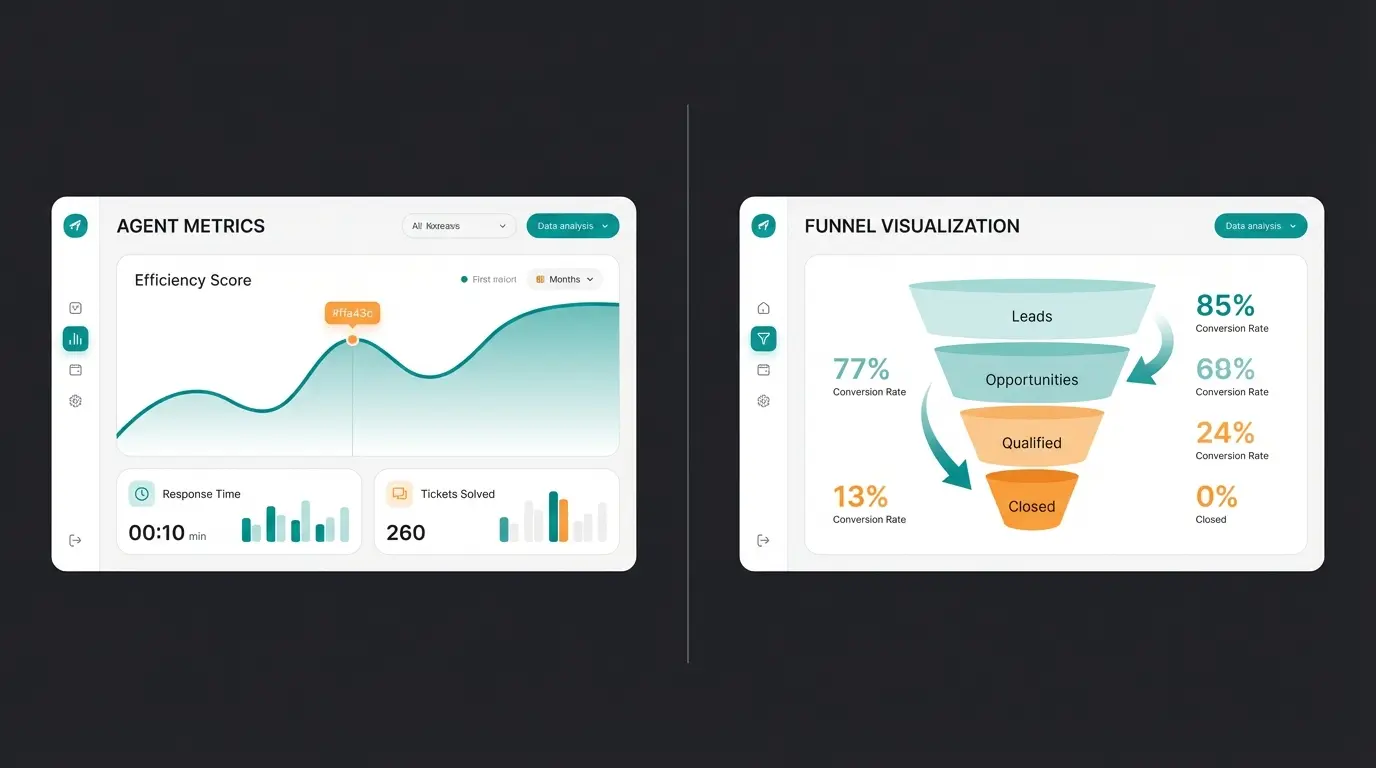 Analytics dashboard comparison showing different reporting approaches for support vs marketing focus