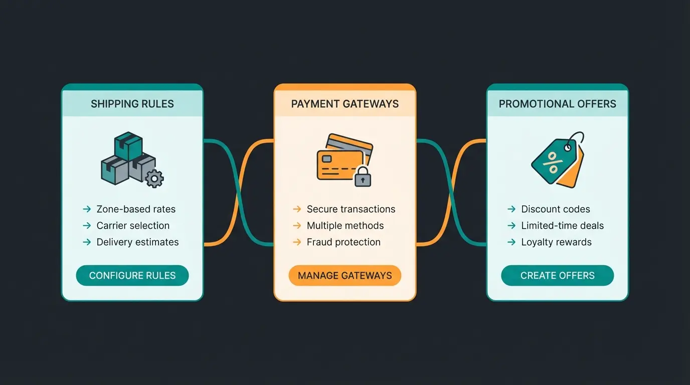 E-commerce dashboard showing rule-based shipping, payment, and promotion configurations