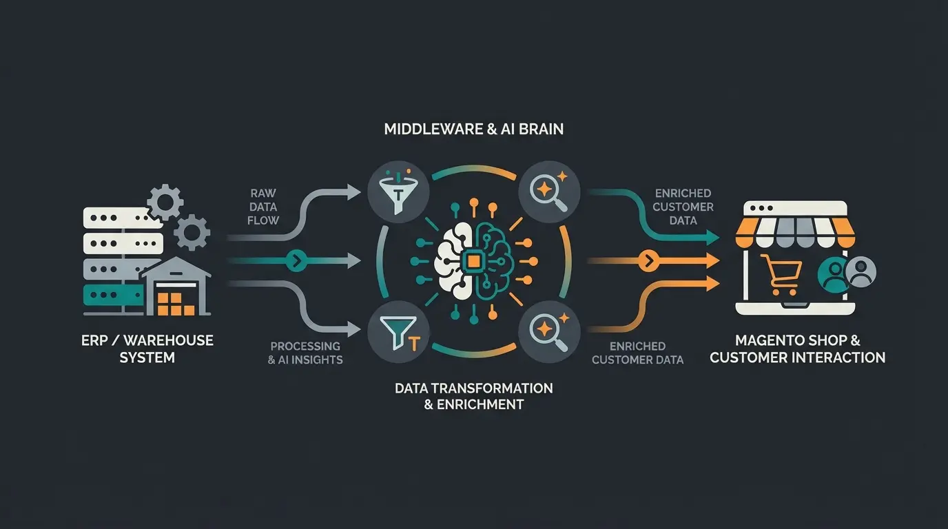 Datenfluss-Diagramm: ERP über Middleware und KI-Layer zum intelligenten Magento-Shop