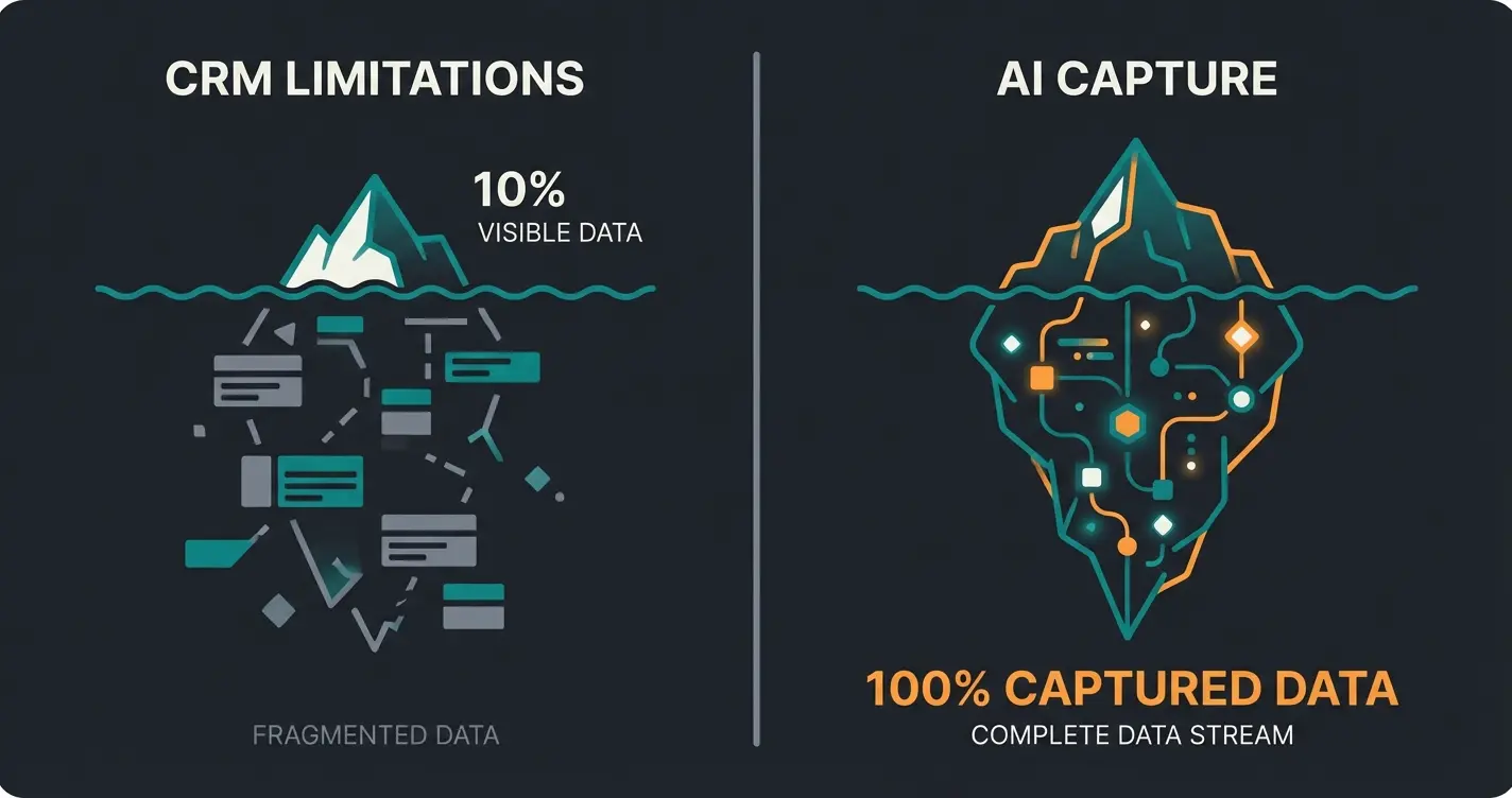 Comparison visualization showing traditional CRM data capture versus AI consultation analytics