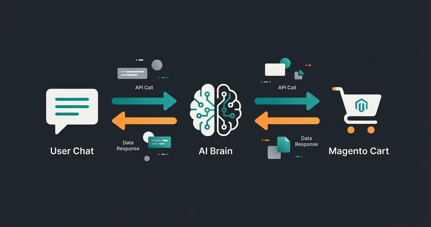 Datenfluss zwischen Nutzer, KI-Engine und Magento API bei Produktberatung