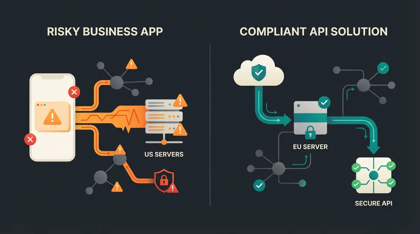 Visual comparison of WhatsApp Business App versus API data flow and GDPR compliance
